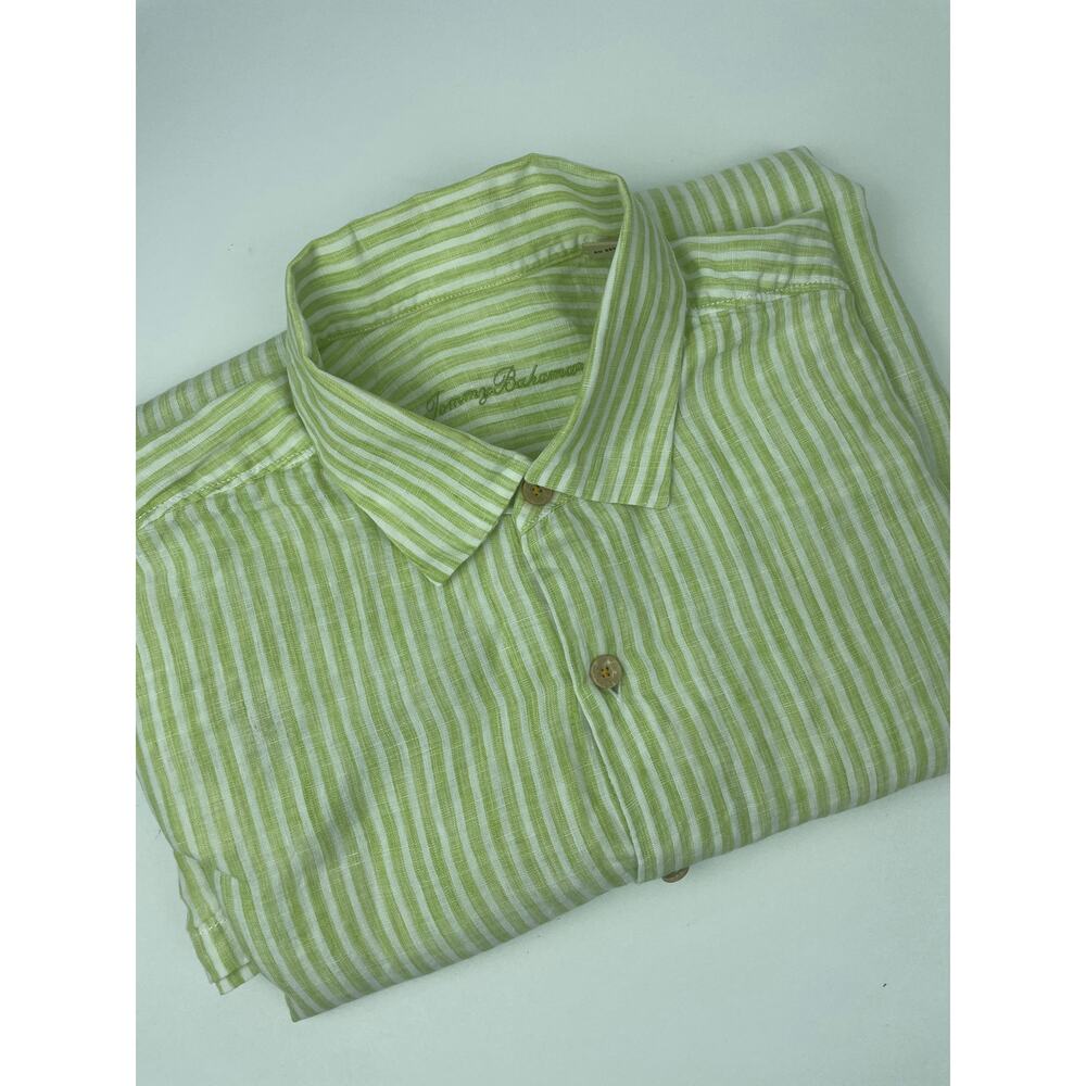 Tommy Bahama 100% Linen Shirt Large Lime/White Pinstripe Ling Sleeve